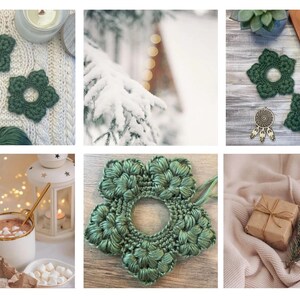 May include: A collection of images showcasing handmade, green crochet flower coasters. The coasters are arranged with other winter-themed items, including a candle, scissors, yarn, and a gift box with a sprig of pine. The coasters are approximately 4 inches in diameter.