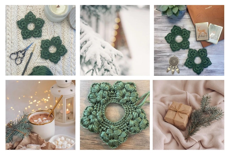 May include: A collection of images showcasing handmade, green crochet flower coasters. The coasters are arranged with other winter-themed items, including a candle, scissors, yarn, and a gift box with a sprig of pine. The coasters are approximately 4 inches in diameter.
