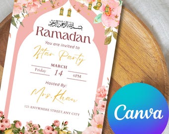 May include: A Ramadan invitation card with a pink arch design, floral accents, and gold embellishments. The card includes the text "Ramadan", "Iftar Party", date, time, and host's name. A Canva logo is in the bottom right corner.