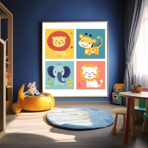 Whimsical 4-Piece Animal Print Set for Kids – Elephant, Lion, Giraffe & Mystical Creatures – Fun, Creative Art to Inspire Young Minds.