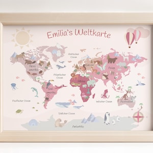 Meine erste Weltkarte | Personalisiertes Lernposter fürs Kinderzimmer | rosa