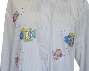 Top vintage blanco con botones, lentejuelas y pez, talla M para mujer, manga larga