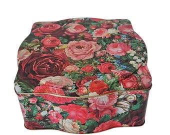 Vintage Floral Rose Tin Box Coquette Cottage Keepsake Pink Red England Romantic