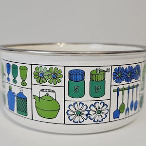 May include: A white enamel bowl with a silver-toned metal rim, featuring a repeating graphic pattern of blue and green kitchen items including flowers, a teapot, salt and pepper shakers, glassware, and hanging cooking utensils on a white background.