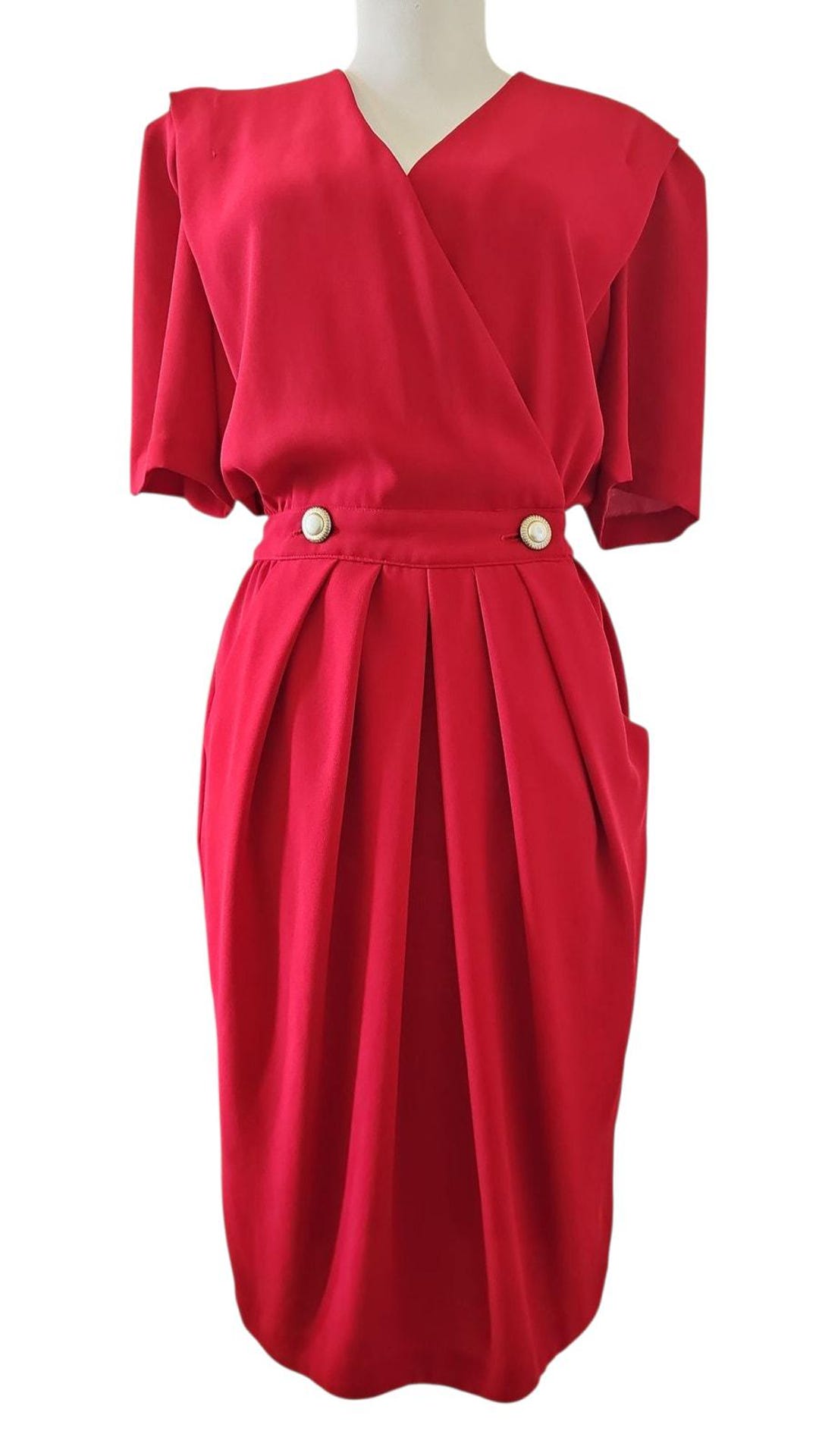 Vintage Chaus Midi Sheath Dress Womens 10 Red Pleated V-neck Old