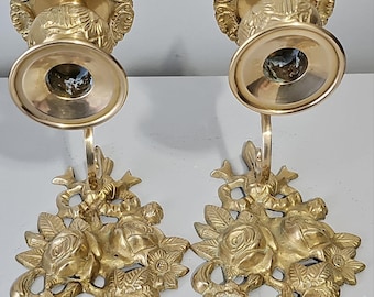 Pair Vintage Ornate Solid Brass Wall Sconce Candle Holders Heavy Rose Floral