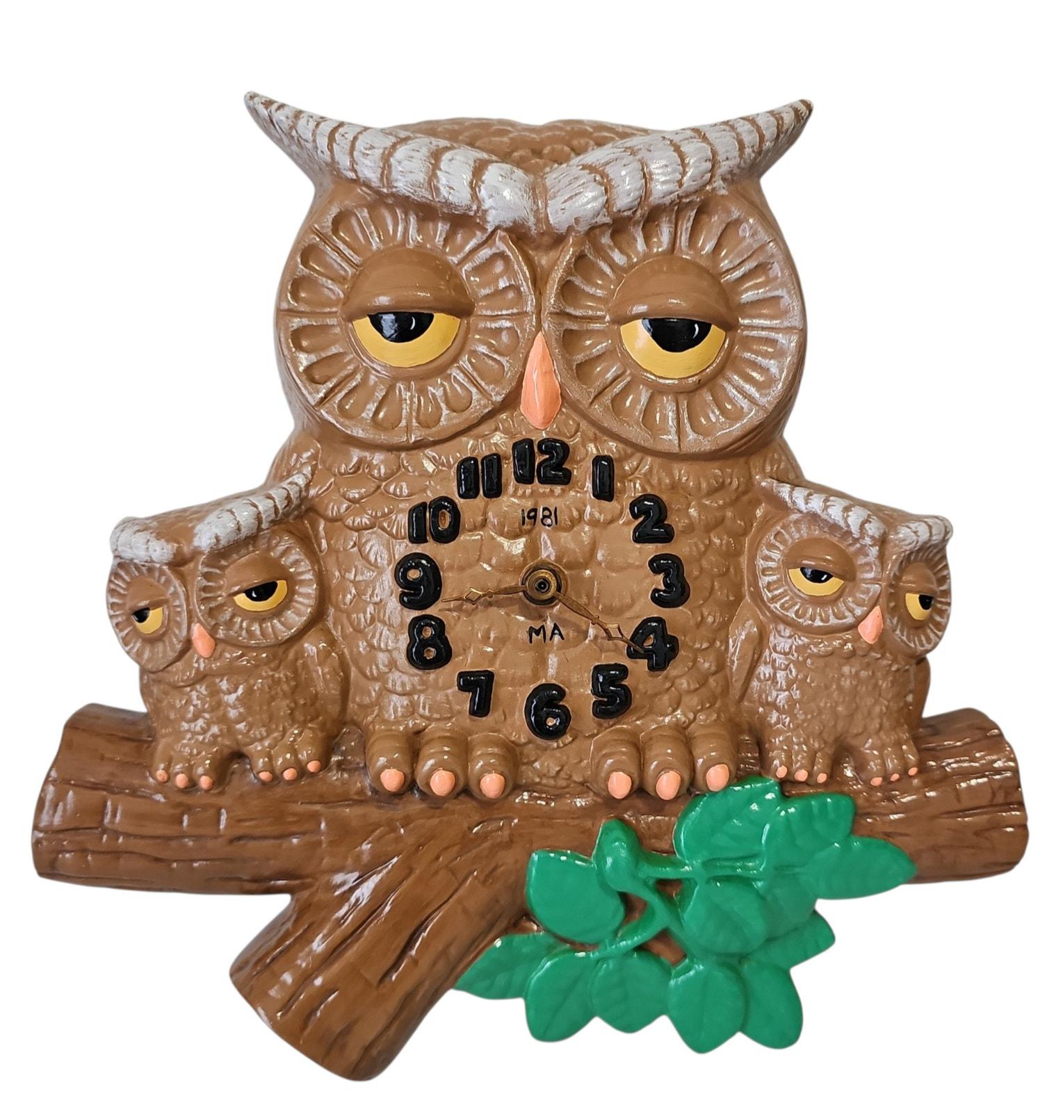Vintage Ceramic Owl Clock MCM Retro Boho Hippy 70s Not Tested