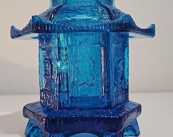 Lámpara de hadas tipo pagoda L.E Smith, portavelas de cristal azul, farol de dos piezas.