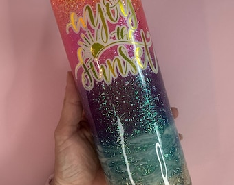 20oz Skinny Beach Sunset Tumbler, Enjoy the Sunset Tumbler, Sunset Tumbler, Glitter Tumbler, Ocean Sunset Tumbler, Gift for Her Tumbler