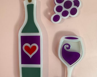 Wine Magnet Set, Acrylic Fridge Magnets, Wine Bottle, Grapes & Glass, Kitchen Decor, Gift for Wine Lover, Wine Night Accessories, Wine Lover