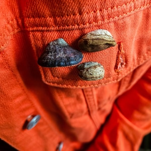 Puede incluir: Primer plano de un bolsillo de chaqueta vaquera naranja con tres botones texturizados únicos. Los botones son en tonos grises, marrones y beige, añadiendo un toque rústico a la prenda. La tela de la chaqueta es de color naranja vibrante.