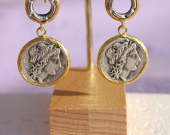 Gold Plated Greek Coin Earrings, Handmade Dangle Jewelry