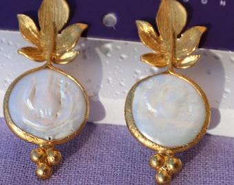 Handmade Gold Plated Leaf Earrings, Mother of Pearl Botanical Drop