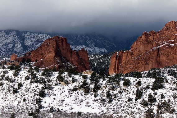 Garden of the Gods Snow Covered and Pikes Peak in Colorado Springs (photograph, various sizes)