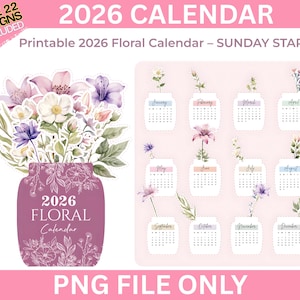 Pode incluir: Um calendário floral imprimível de 2026 com início ao domingo. O design apresenta um buquê de flores em aquarela em um vaso roxo e calendários mensais individuais com detalhes florais. O texto "2026 Floral Calendar" é visível.