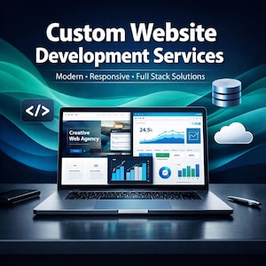 Può includere: Un laptop che mostra un'interfaccia di sito web con grafici. Lo schermo mostra il testo "Creative Web Agency" e "24.5k". L'immagine include anche il testo "Custom Website Development Services" e "Modern • Responsive • Full Stack Solutions".