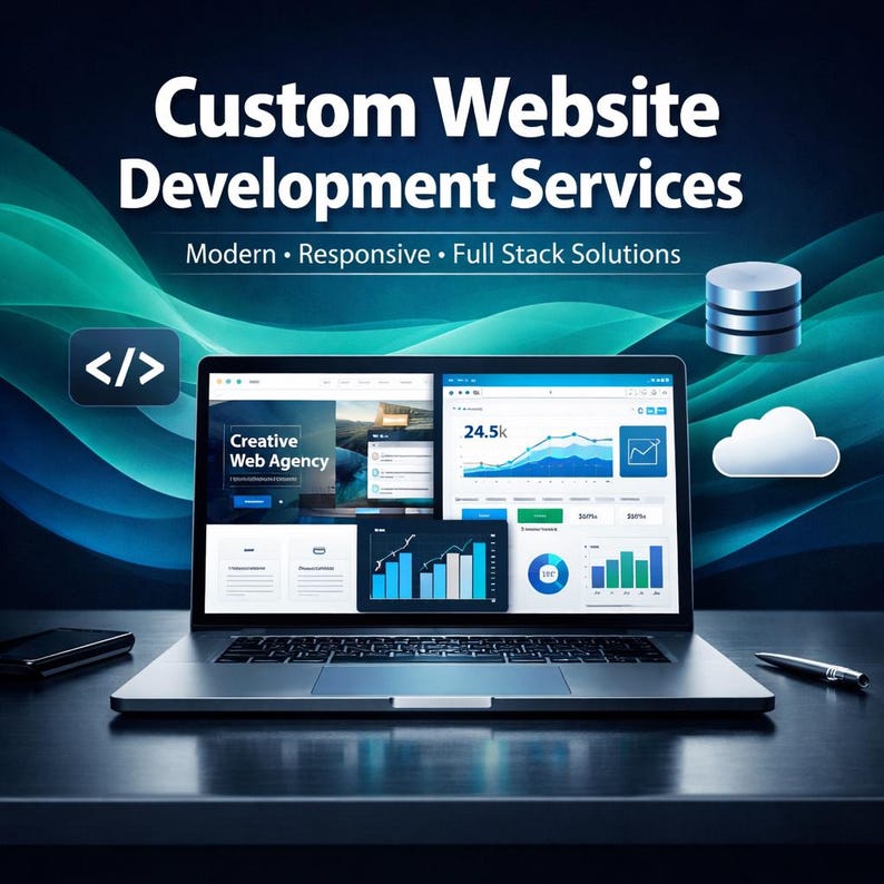 Puede incluir: Un port&aacute;til que muestra una interfaz de sitio web con gr&aacute;ficos. La pantalla muestra el texto "Creative Web Agency" y "24.5k". La imagen tambi&eacute;n incluye el texto "Custom Website Development Services" y "Modern &bull; Responsive &bull; Full Stack Solutions".