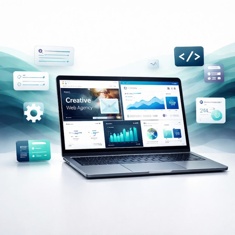 Puede incluir: Un port&aacute;til plateado que muestra una interfaz de sitio web con el texto "Creative Web Agency". La pantalla muestra gr&aacute;ficos e iconos, lo que sugiere dise&ntilde;o o desarrollo web. Iconos flotantes rodean el port&aacute;til.