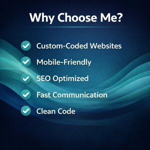 Puede incluir: Gr&aacute;fico con el texto "&iquest;Por qu&eacute; elegirme?" y una lista de caracter&iacute;sticas: Sitios web con c&oacute;digo personalizado, compatibles con dispositivos m&oacute;viles, optimizados para SEO, comunicaci&oacute;n r&aacute;pida y c&oacute;digo limpio. Fondo azul.