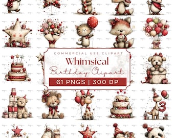 Paquete de imágenes prediseñadas de cumpleaños caprichosas: animales de fiesta en acuarela (61 PNG) (descarga digital)