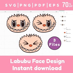 Labubu Face SVG, 3 Cute Labubu Face Clipart Bundle, Layered Cricut Ready Digital File, Labubu Face Laser Engrave file, Digitaal Download