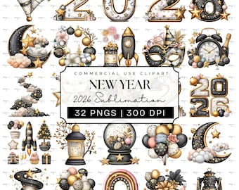 Paquete PNG de sublimación de Año Nuevo 2026 / Clipart de Feliz Año Nuevo 2026 / Diseños de Año Nuevo en champán y dorado / PNG transparente de 300 DPI