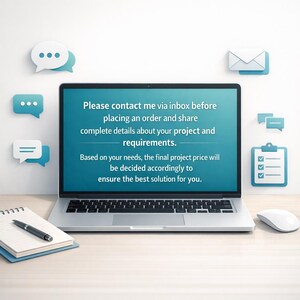 Puede incluir: Un ordenador port&aacute;til que muestra texto, rodeado de burbujas de di&aacute;logo, un sobre y una lista de verificaci&oacute;n. El texto en la pantalla dice: "Por favor, cont&aacute;ctame por mensaje privado antes de realizar un pedido y comparte los detalles de tu proyecto."