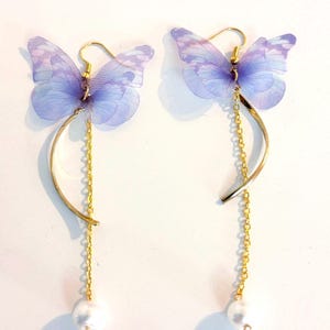 Handmade Silk Organza Butterfly Dangle Earrings: Gold Plated Hypoallergenic Hooks