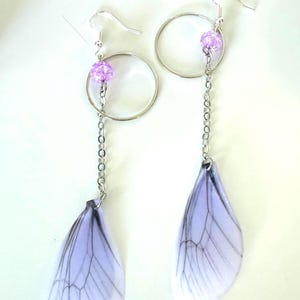 May include: A pair of silver earrings with a purple bead and a delicate, translucent, white and purple wing charm.
