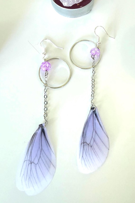 Purple Organza Dragonfly Wings Dangle Earrings: Silver Plated Hooks, Fairycore Jewelry