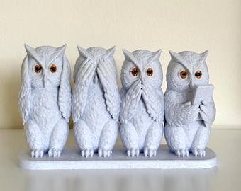 Funny 4 Wise Owls Statue | See No Evil Hear No Evil Speak No Evil & Text No Evil | 3D Printed Owl Decor | Shelf Decoration | Owl Gift