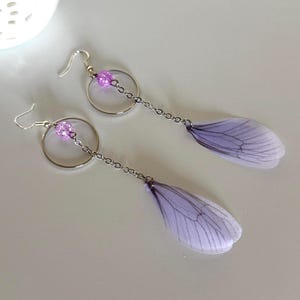 May include: A pair of dangle earrings with a silver hoop, a purple bead, and a delicate purple butterfly wing charm.
