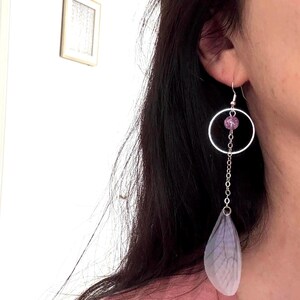 Purple Organza Dragonfly Wings Dangle Earrings: Silver Plated Hooks, Fairycore Jewelry image 2