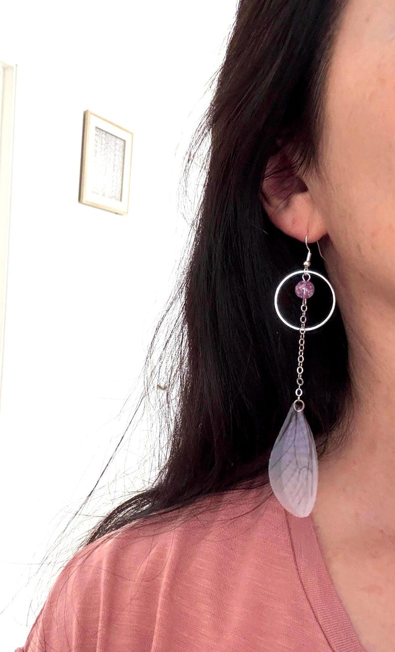 Purple Organza Dragonfly Wings Dangle Earrings: Silver Plated Hooks, Fairycore Jewelry image 2