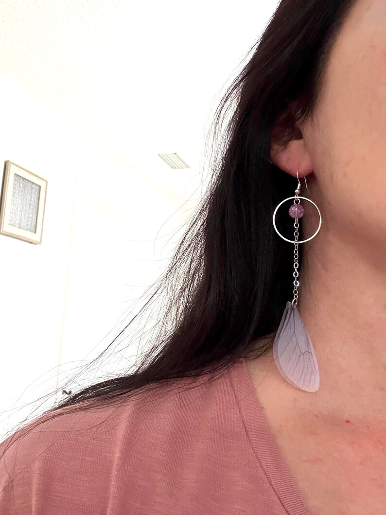 Purple Organza Dragonfly Wings Dangle Earrings: Silver Plated Hooks, Fairycore Jewelry image 7