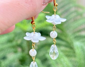 Delicate Acrylic Flower Dangle Earrings with Glass Pearls & Crystal Beads | Handmade Floral Drop Jewelry