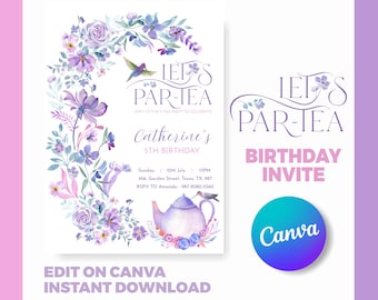 Puede incluir: Invitación de cumpleaños floral púrpura y azul con una tetera y el texto "Let's Par-Tea Catherine's 5th Birthday" y "Join us for a tea party to celebrate".