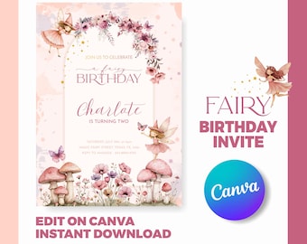 Editable Fairy Birthday Invitation: Whimsical Watercolor Design (Canva Template)