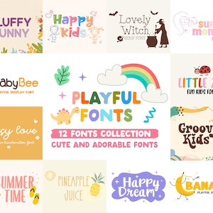 Può includere: Una collezione di 12 font divertenti, ognuna con un design e uno stile unici. I font sono visualizzati in illustrazioni colorate con vari temi, tra cui animali, natura e festività. Il testo "PLAYFUL FONTS" è presentato in un font grande e colorato.