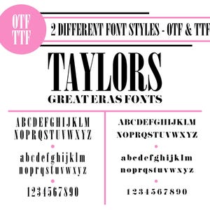 May include: A black and white image of the font "Taylors" in two different styles. The font is available in OTF and TTF formats. The image shows the uppercase and lowercase letters of the alphabet, as well as the numbers 0-9.