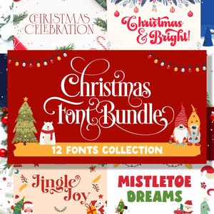 Peut inclure: Une collection de polices de caractères sur le thème de Noël, avec une image centrale indiquant "Christmas Font Bundle" et "12 Fonts Collection". Des images environnantes affichent des phrases festives comme "Joyeux Noël" et "Cher Père Noël".
