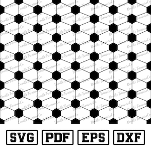 Puede incluir: Patrón de balón de fútbol en blanco y negro. El diseño presenta un patrón repetitivo de hexágonos negros y pentágonos blancos. Debajo del patrón hay cuatro rectángulos negros con el texto: SVG, PDF, EPS y DXF.