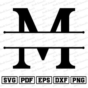 May include: A black split monogram letter "M" design. The letter is divided horizontally with a line and small circles at each end. Below the letter are file type icons: SVG, PDF, EPS, DXF, and PNG.