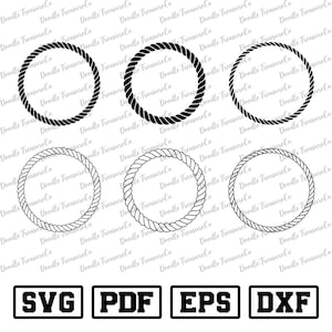May include: Six circular rope frame designs in black and white. The top row features three solid black rope circles, while the bottom row shows three white rope circles. Below are four file type icons: SVG, PDF, EPS, and DXF.