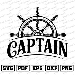Puede incluir: Gráfico en blanco y negro de un timón de barco sobre la palabra "CAPTAIN" en negrita. Debajo, iconos de formatos de archivo: SVG, PDF, EPS, DXF y PNG. El diseño tiene un tema náutico.