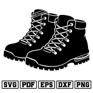 Może przedstawiać: Czarno-biała ilustracja pary butów trekkingowych. Buty mają białe sznurowadła, oczka i podeszwy. Obraz zawiera tekst "SVG PDF EPS DXF PNG".