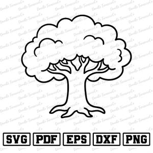 May include: A black and white line drawing of a tree with a full, rounded crown. The tree has a thick trunk and detailed branches. Below the tree are rectangular boxes with the text: SVG, PDF, EPS, DXF, and PNG.