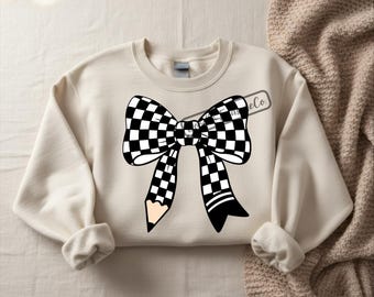 Checkered Pencil Bow PNG, Retro Teacher Design (Digital Download)