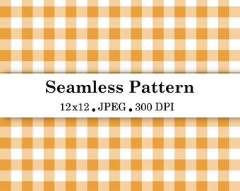 May include: A seamless pattern featuring a repeating orange and white gingham check design. A white horizontal band across the center displays the black text Seamless Pattern, 12x12, JPEG, 300 DPI, indicating the digital file specifications.