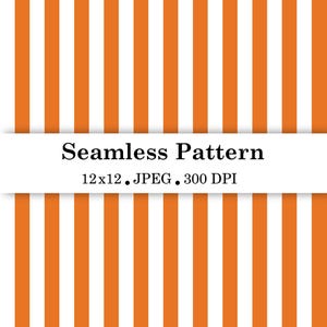 May include: A digital graphic featuring a repeating seamless pattern of vertical orange and white stripes. A white horizontal banner across the centre displays the black text: Seamless Pattern, 12x12, JPEG, 300 DPI. The design is clean and uniform.